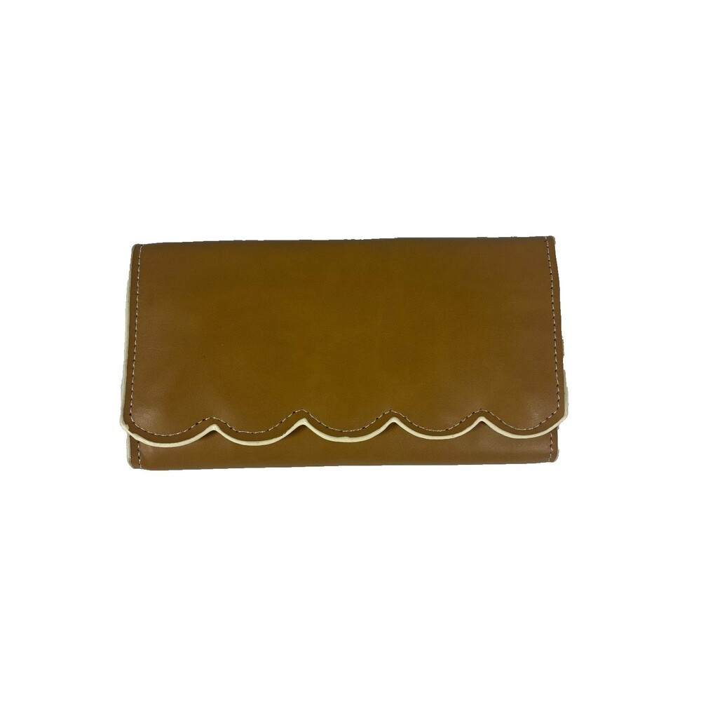Faux Leather Scalloped Wallets Brown Women's Snap Clutch 14 Card Slots